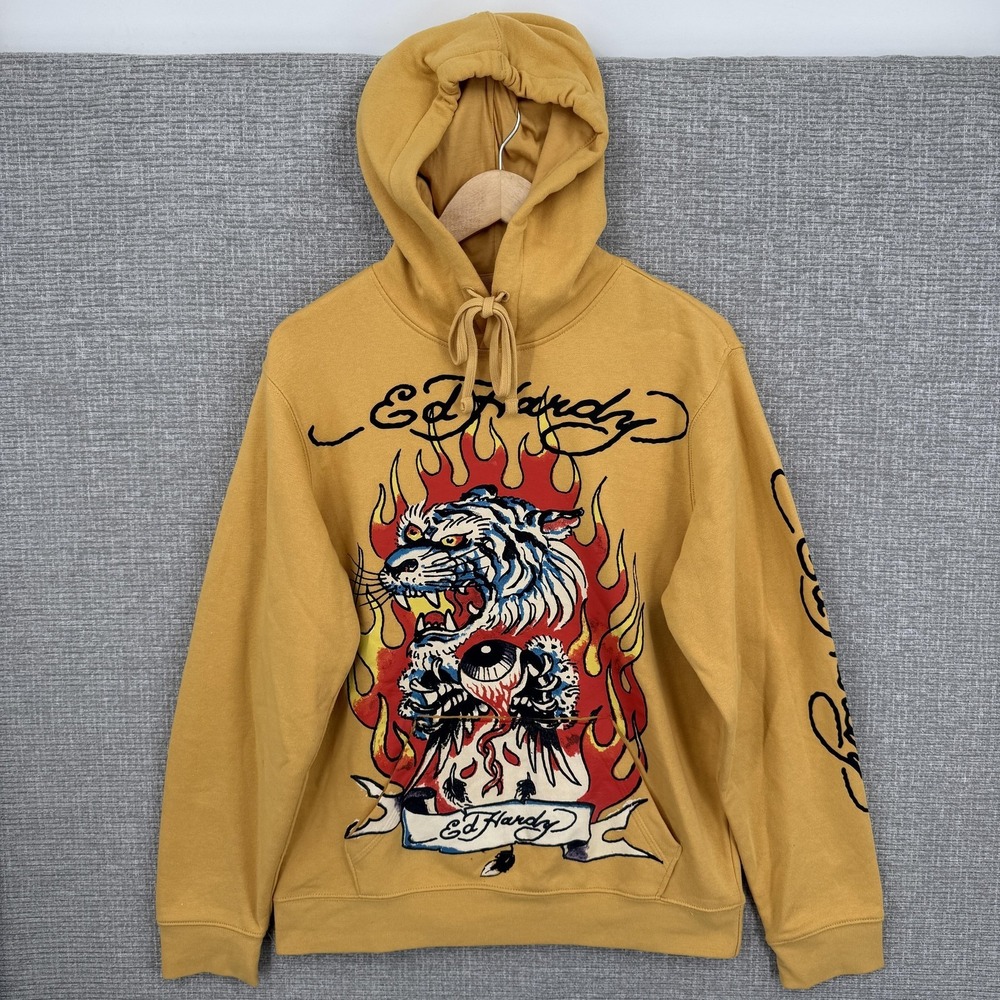 Ed Hardy Hoodie Mens Small Yellow‎ Tiger Flames Tattoo Pullover Sweatshirt